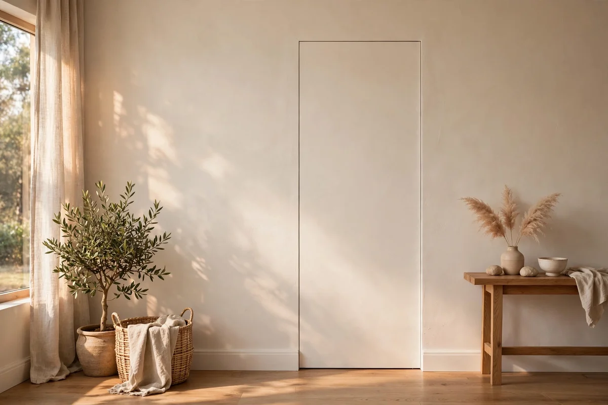 A sliding pocket door painted the same warm white as the surrounding wall, nearly invisible
