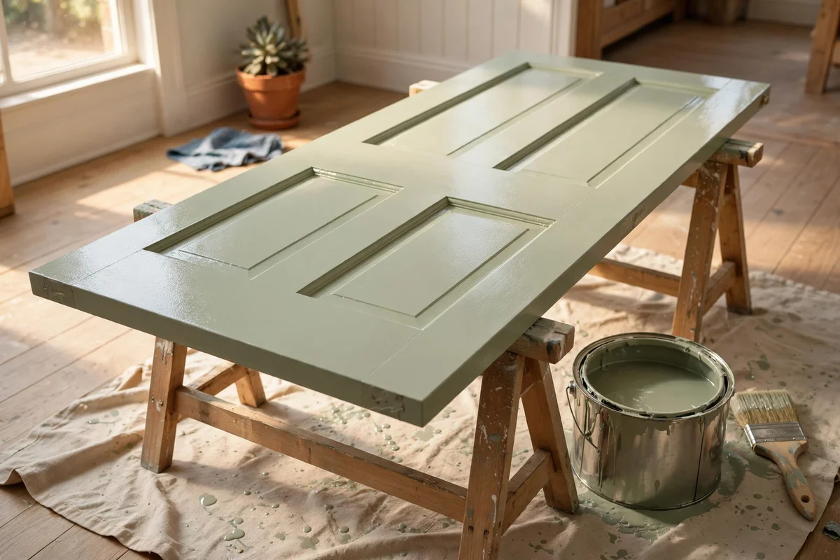 A freshly painted door drying flat on sawhorses with a brush and tin beside it