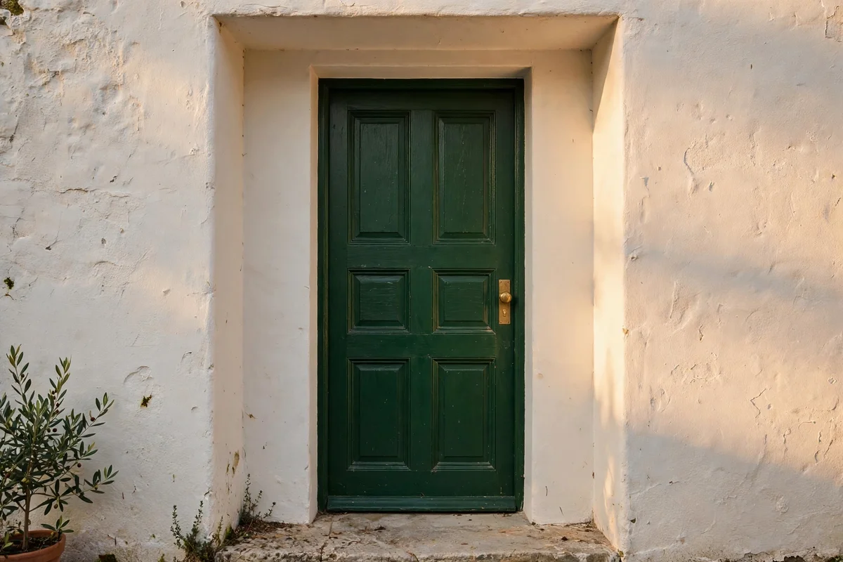A deep green door with its reveal painted a lighter warm white for subtle depth