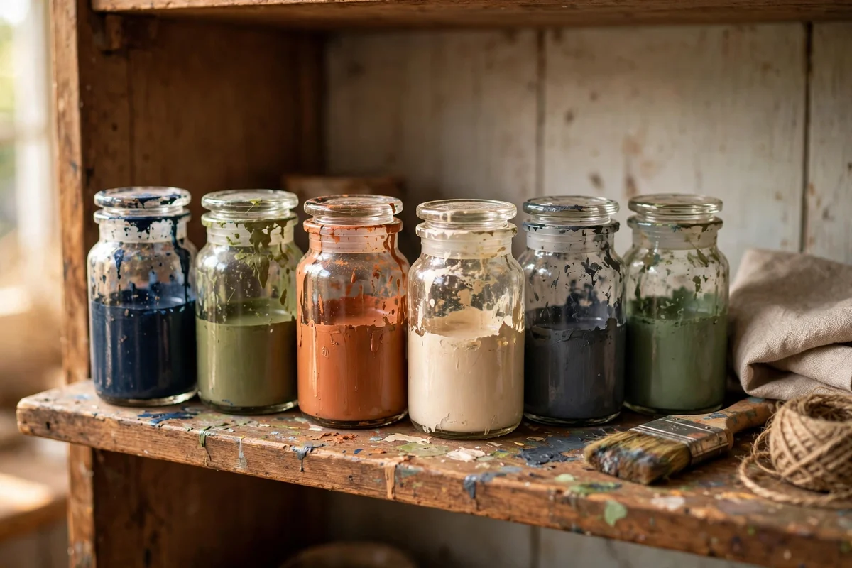 Small labelled jars of leftover door paint stored on a cupboard shelf