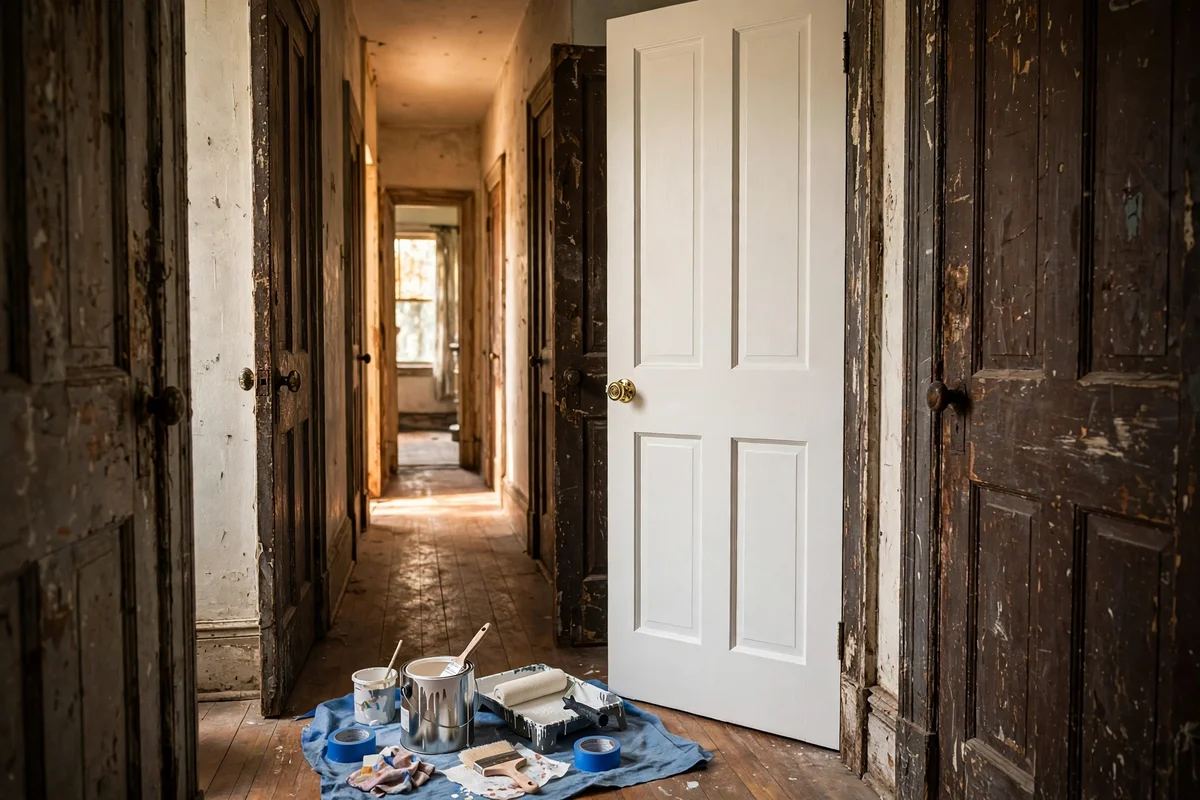 A single freshly repainted warm white door among older doors in a hallway