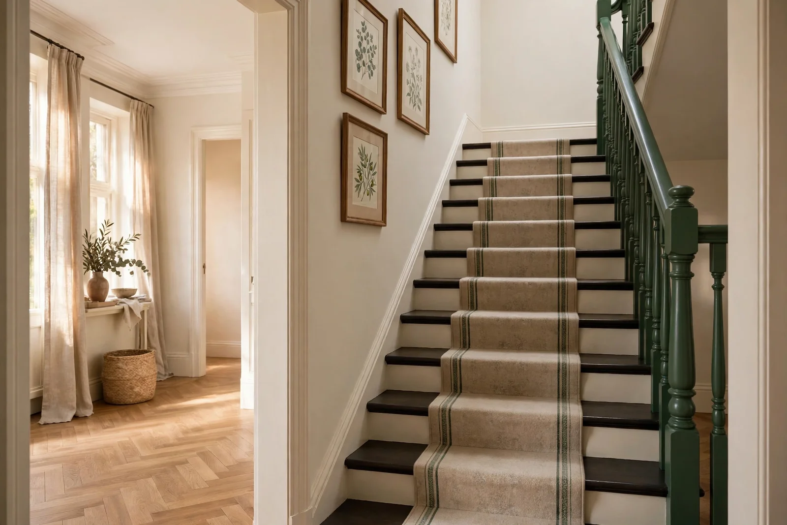 Painted staircase with dark treads, cream risers, a measured painted runner and a deep green banister in a bright hallway