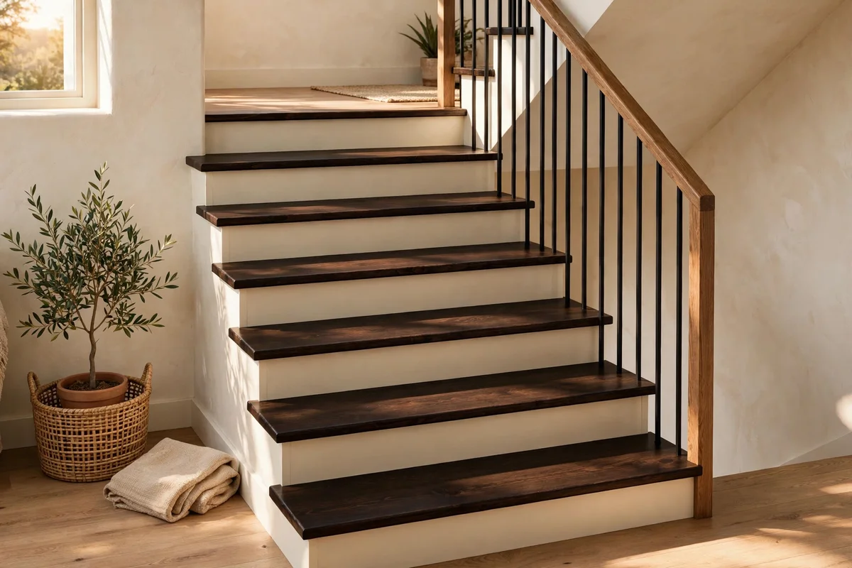 Staircase with dark espresso treads and warm cream risers in a bright hallway