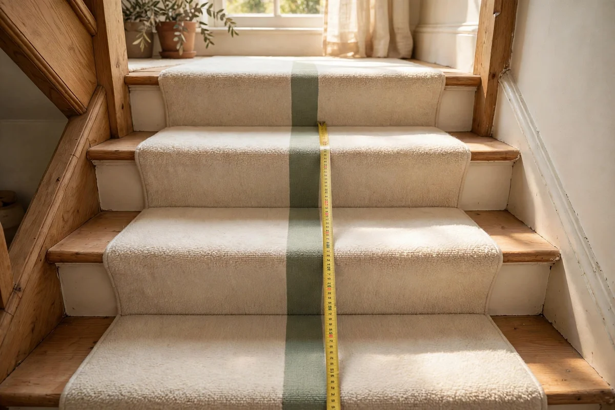 Staircase with a 70 cm painted runner band in soft sage down the centre of cream treads