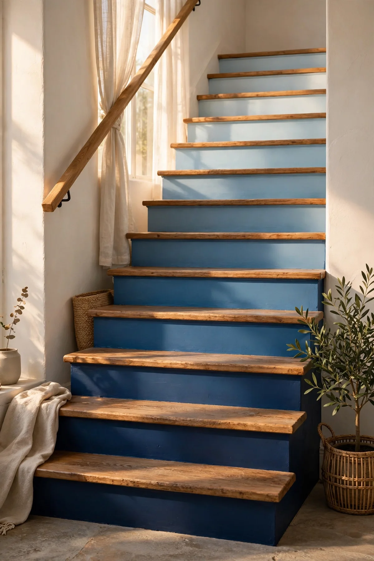 Staircase with ombre blue risers shading from pale powder blue to deep navy