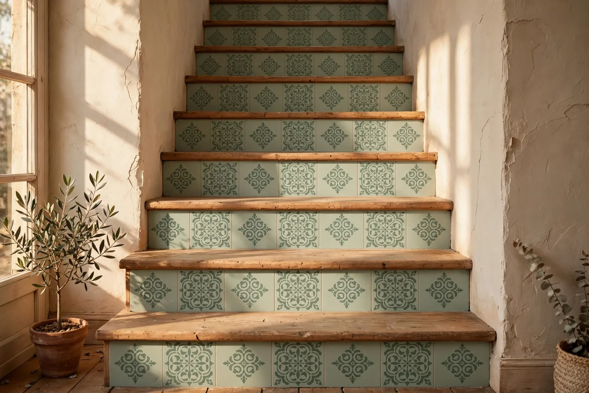 Stair risers stencilled with geometric tile style motifs in soft sage on cream