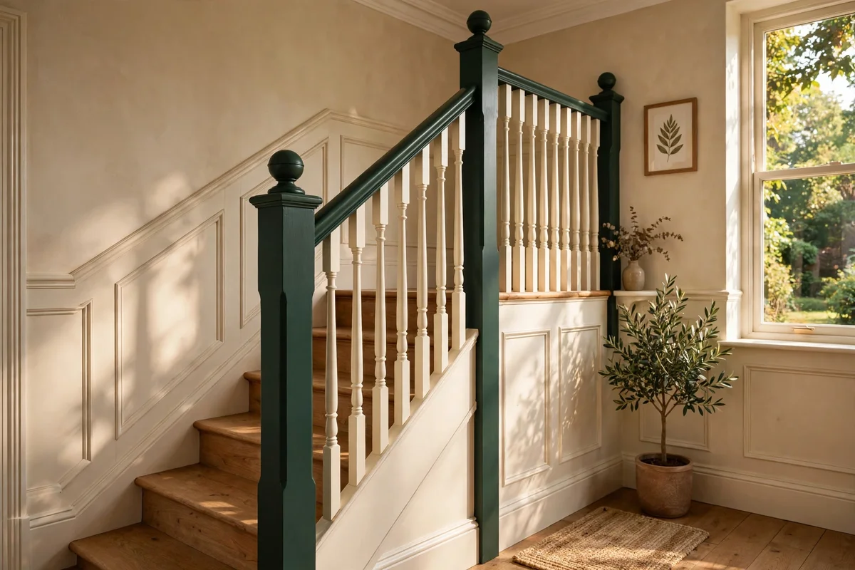 Hallway staircase with banister and newel posts painted deep forest green, cream spindles