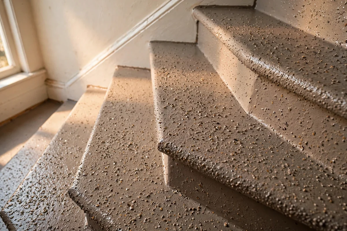 Close view of painted stair treads with fine anti-slip texture in the coating