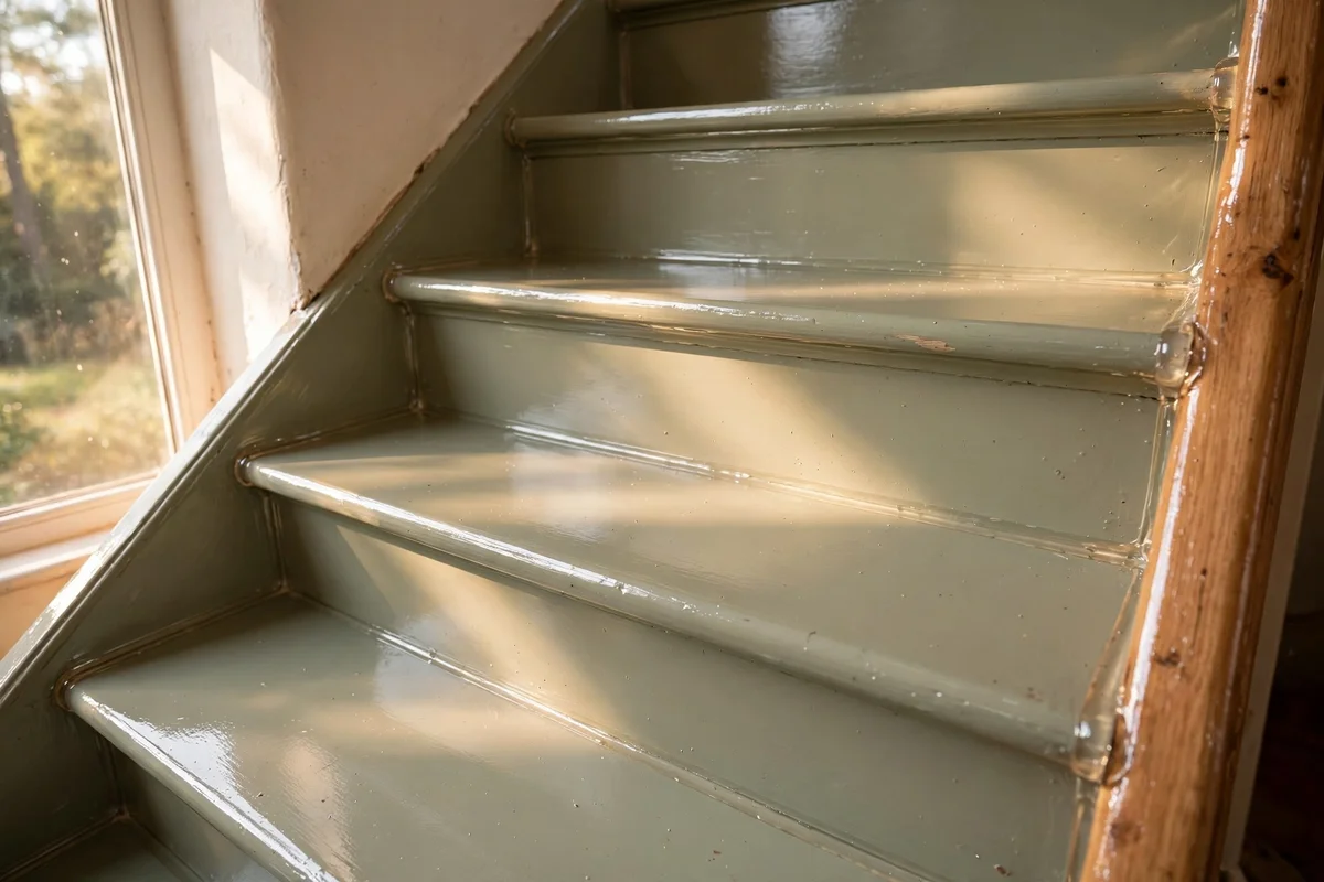 Painted stair treads sealed with clear satin polyurethane, soft sheen in hallway light