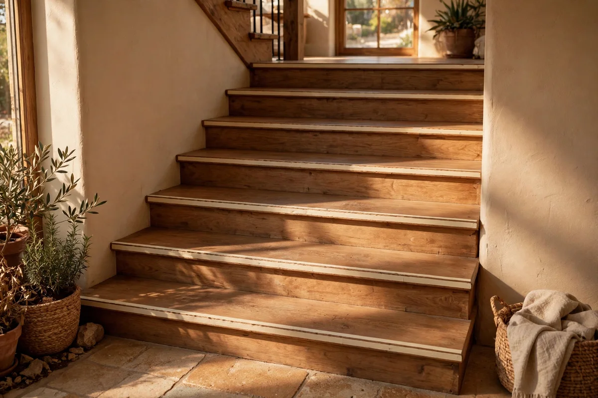Staircase with cream contrasting nosing lines along each dark tread edge