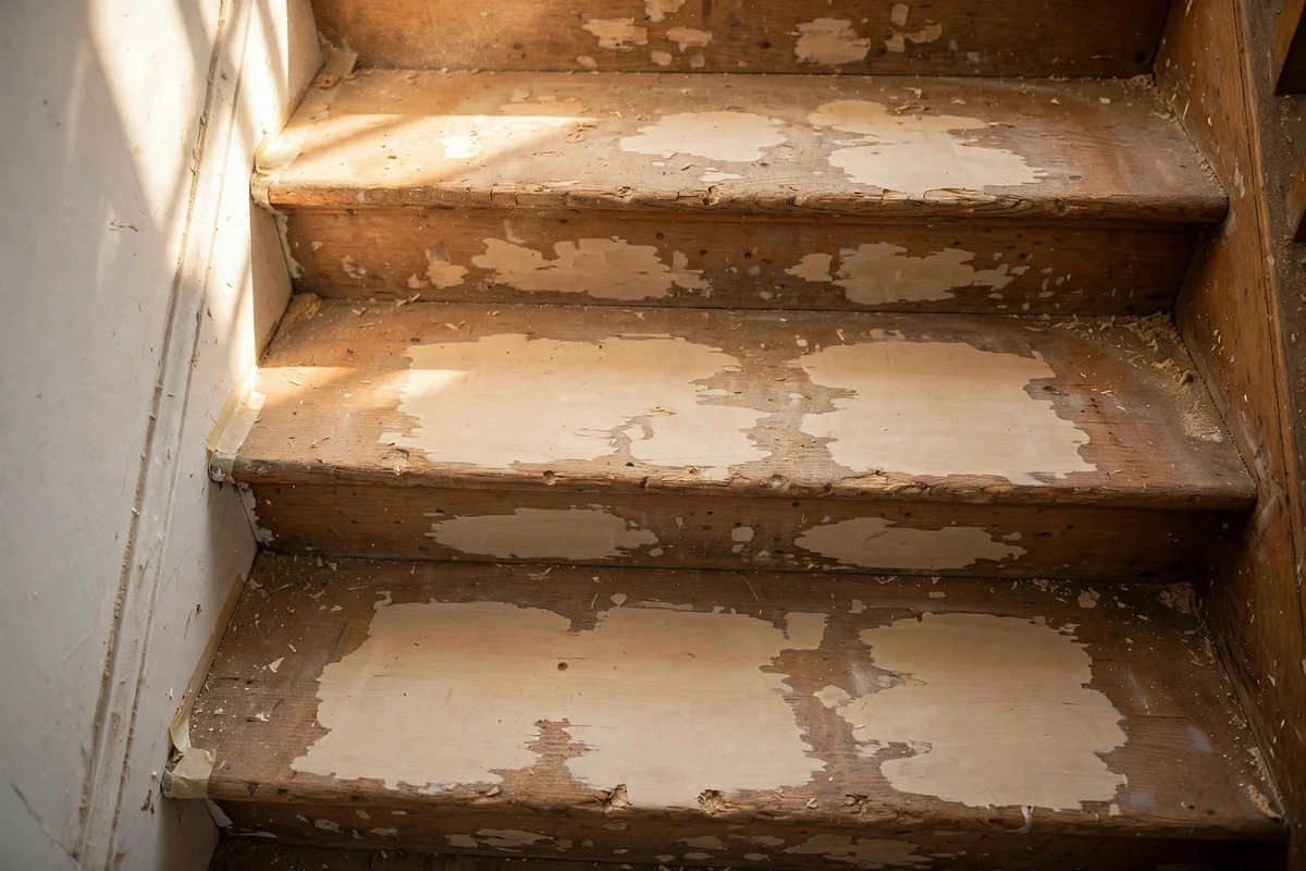 Staircase preparation: repaired wooden treads with filled holes ready for painting