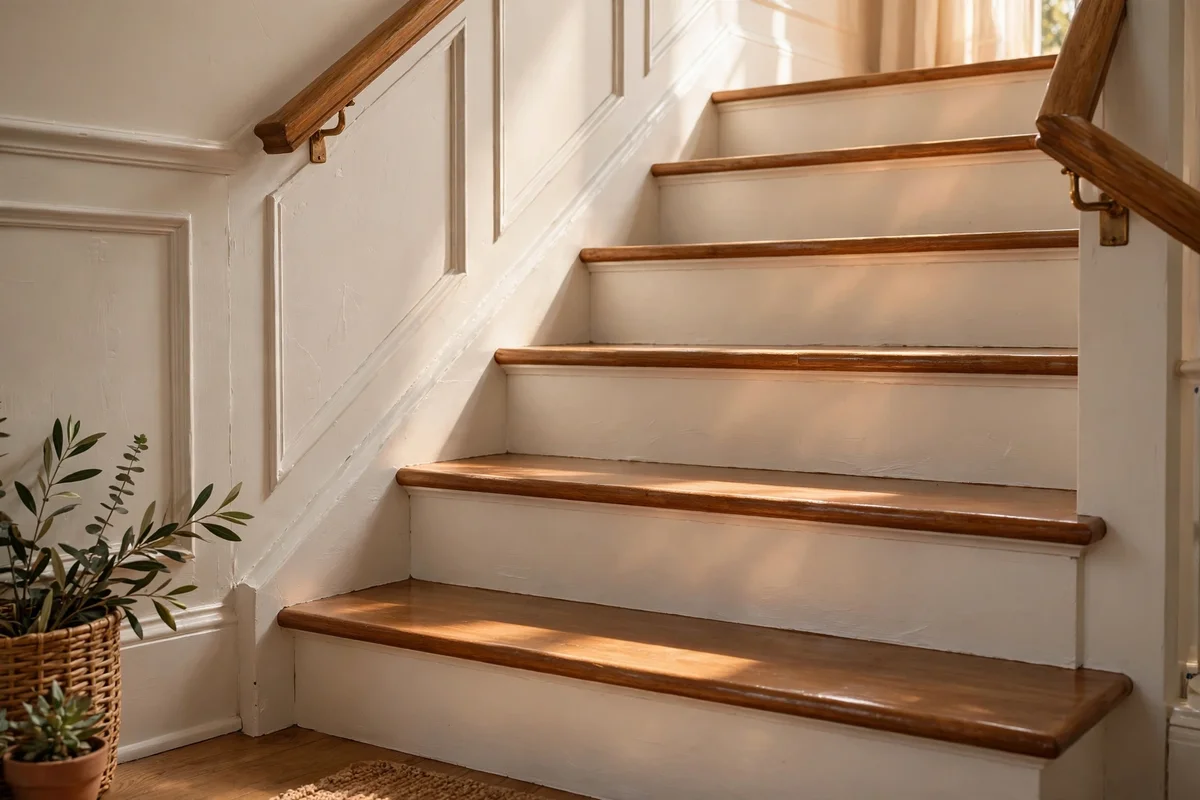 Staircase showing matte finish risers beside satin finish treads in one colour family