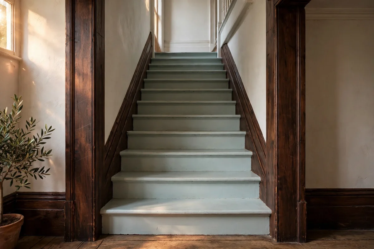 Staircase with stringer board painted deep charcoal framing cream risers