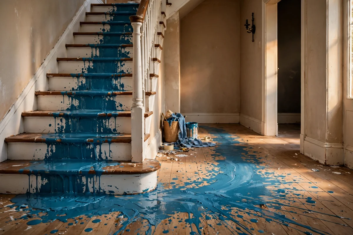 Hallway floor with painted runner line in matching colour continuing from the stairs
