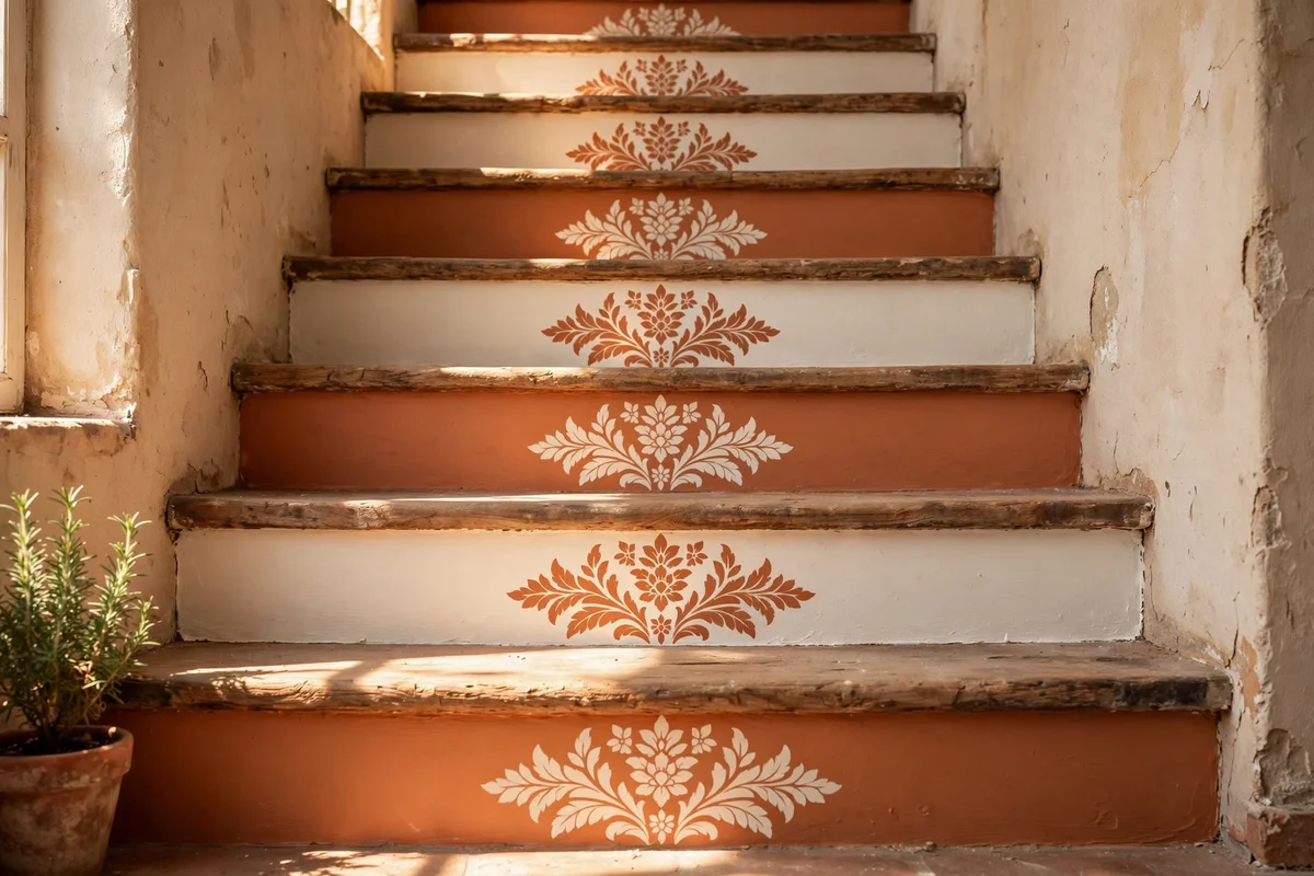 Stair risers alternating soft sage and warm cream stencil motifs in gentle rhythm