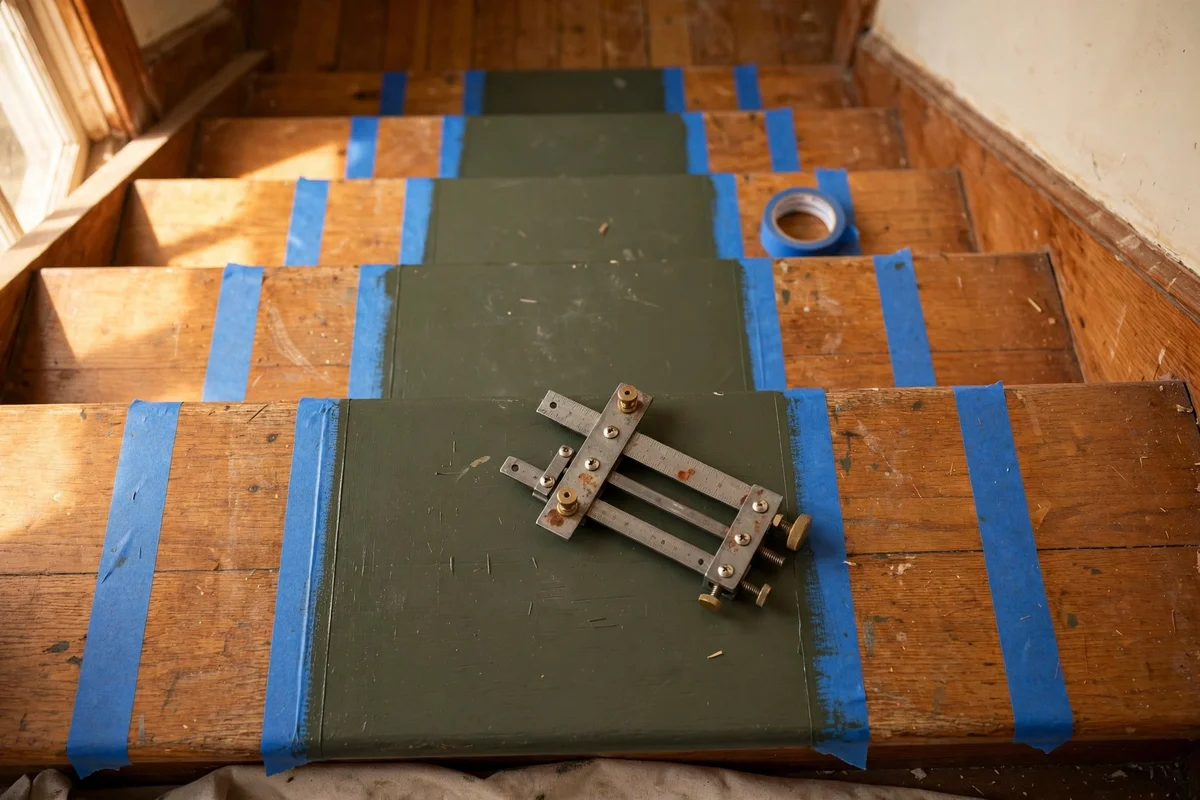 Painter tape marking crisp runner borders on a stair tread with a measuring gauge