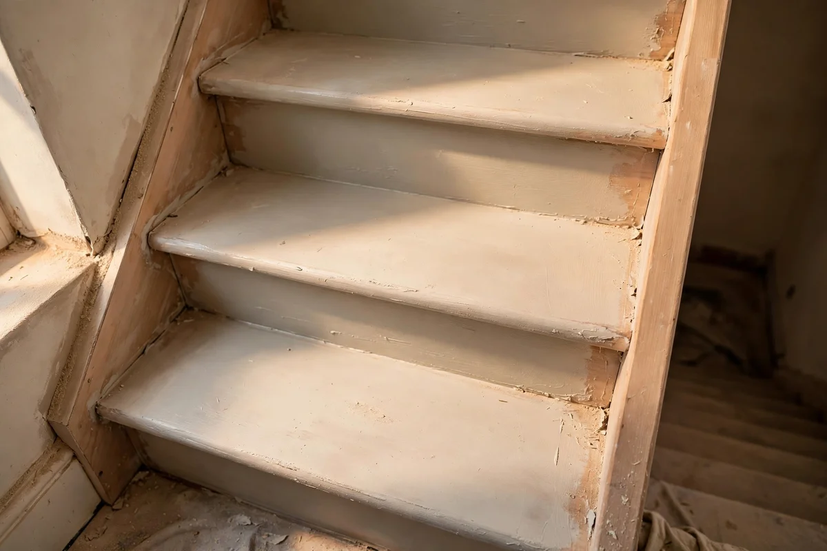Stair tread being sanded smooth with bonding primer ready for the paint coats