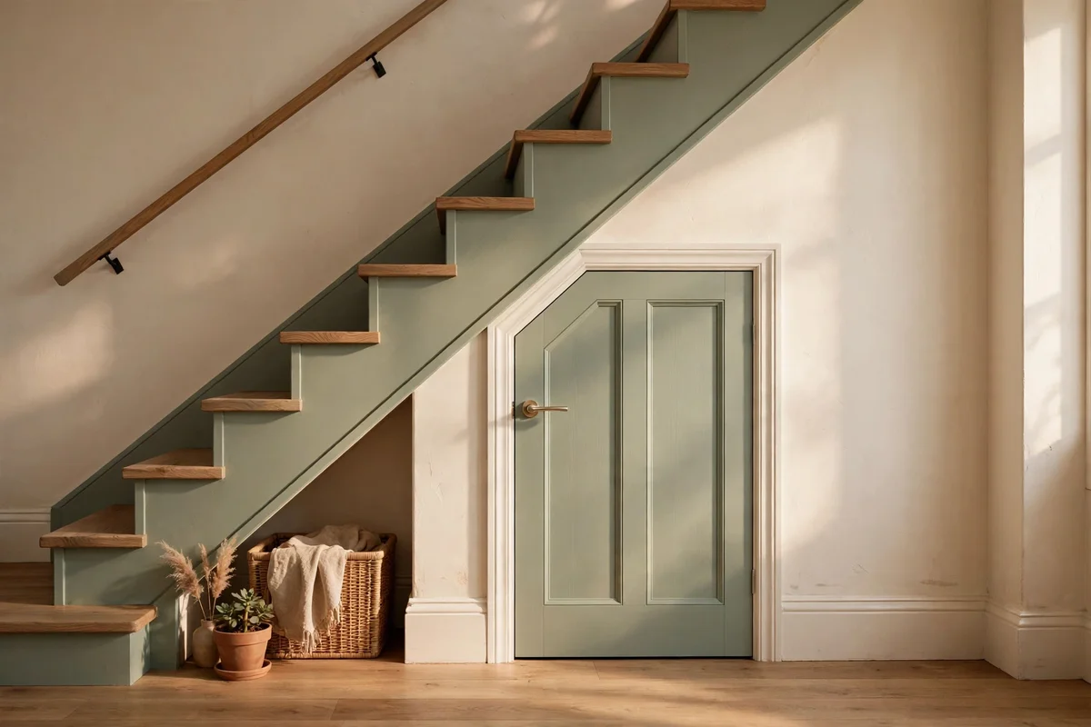 Understair cupboard door painted to match the stair scheme beside the staircase