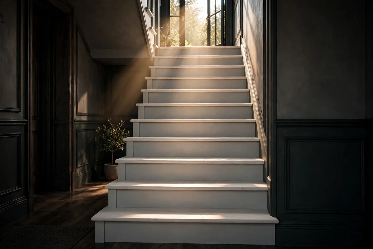 Bright hallway staircase with pale grey risers and soft white treads