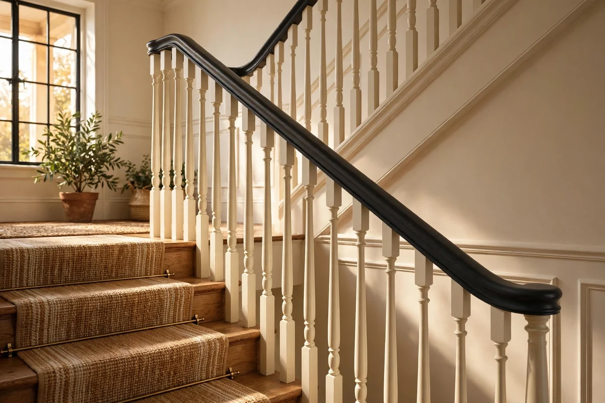 Two-tone banister with dark handrail and cream spindles on a painted staircase