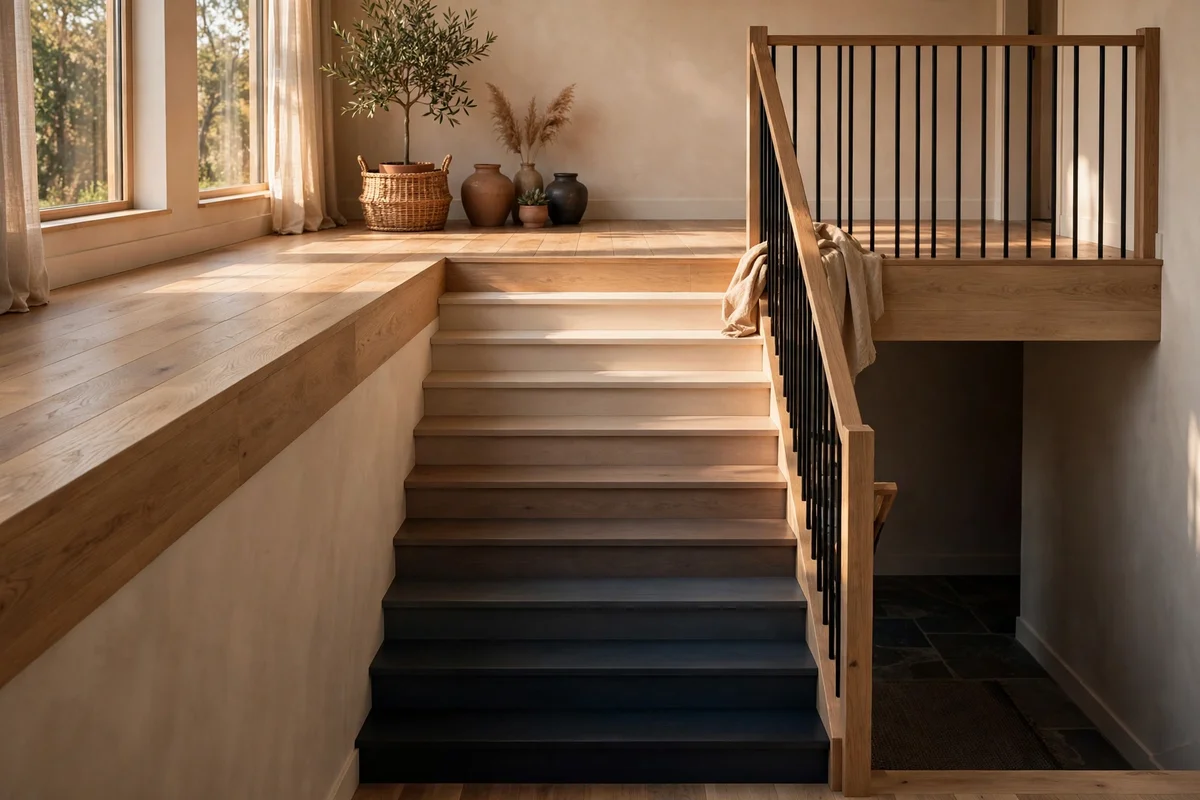 Landing painted in the deepest navy shade of an ombre staircase sequence