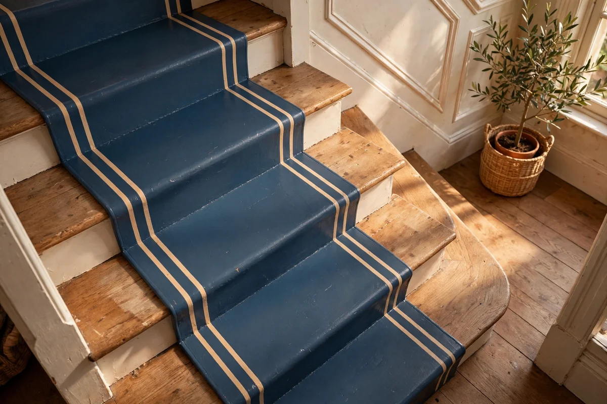Painted stair runner with a double pinstripe border in cream inside a sage band