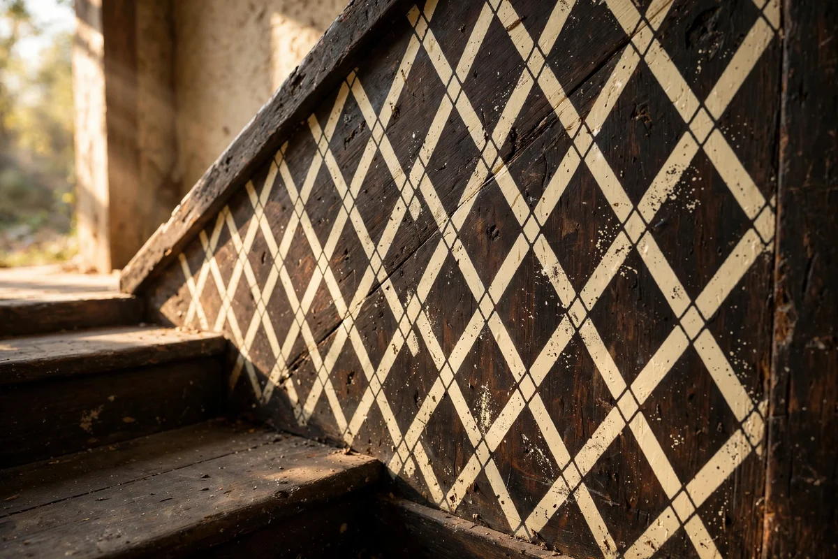 Stair stringer with a cream diamond lattice stencilled over deep charcoal paint