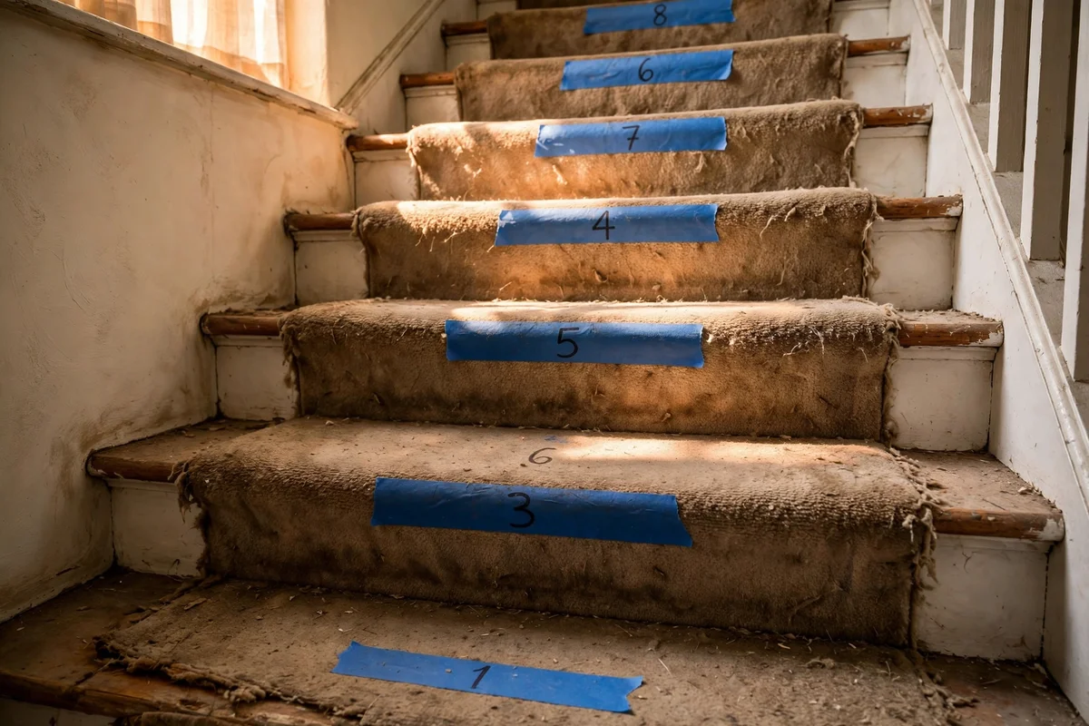 Stair treads with numbered painter tape strips before old carpet is stripped