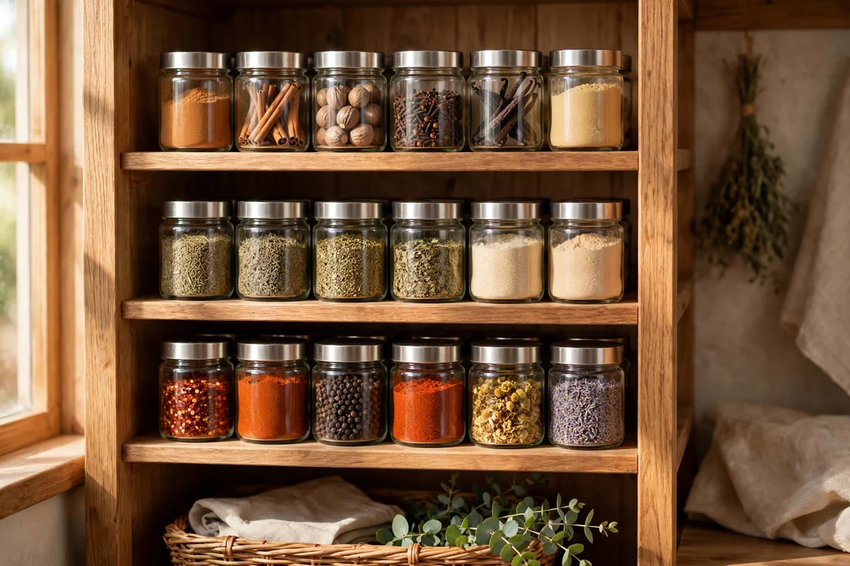 Keep Spices in Uniform Jars Arranged by Use