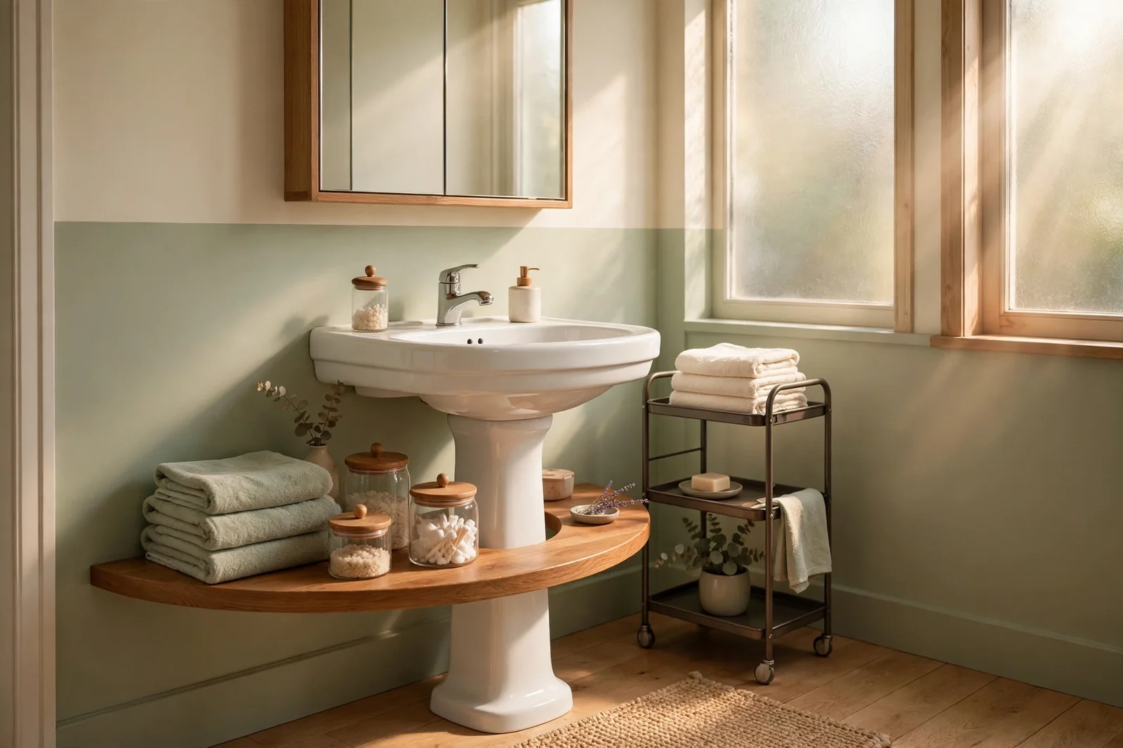 Small bathroom with pedestal sink, wrap-around shelf, rolling trolley and mirrored cabinet