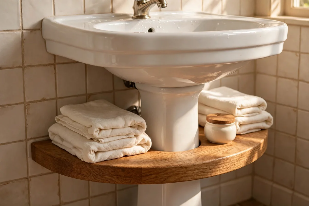 Curved oak shelf wrapping a pedestal sink base with folded towels