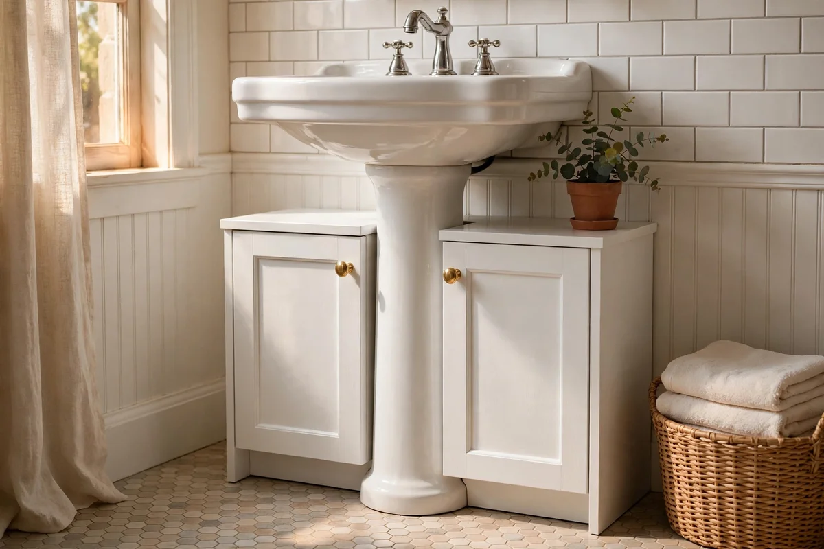 Small white cabinet with doors fitted around a pedestal sink column