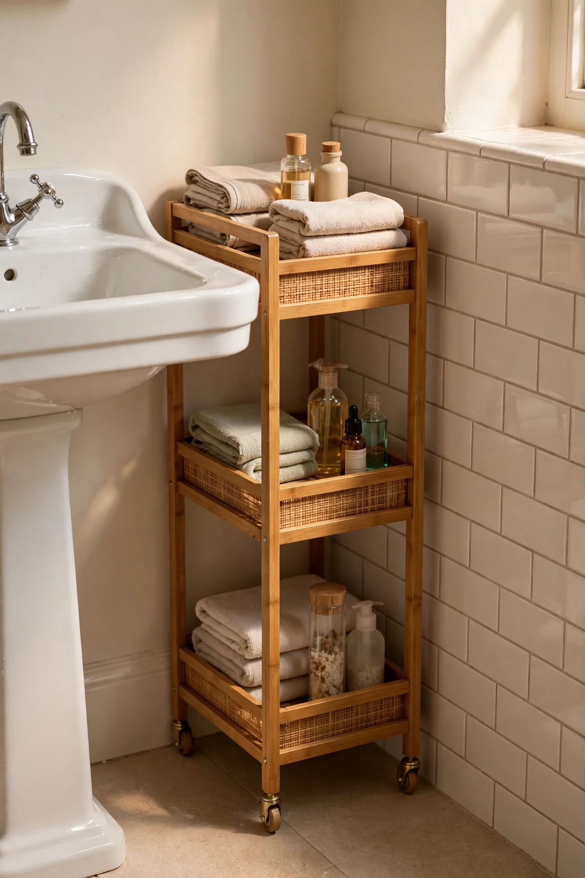 Slim rolling trolley with towels and bottles beside a pedestal sink