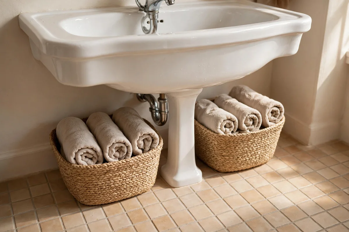Woven baskets with rolled towels tucked under a pedestal basin