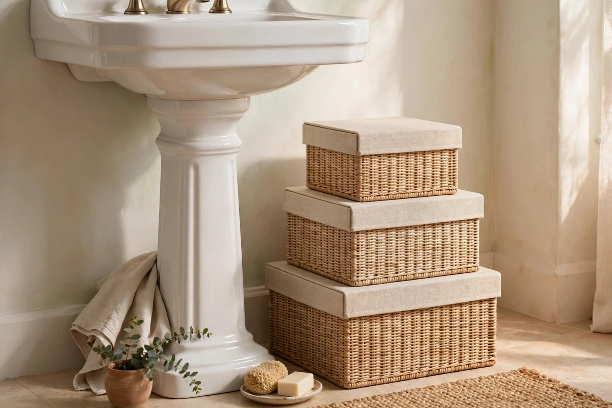 Stack of lidded storage boxes forming a tidy column under a sink