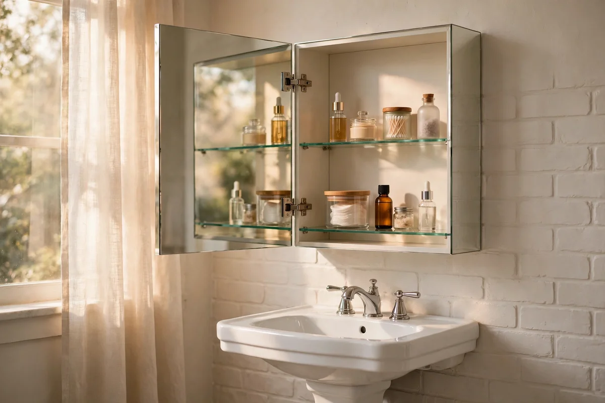 Mirrored cabinet with shelves above a pedestal sink holding toiletries