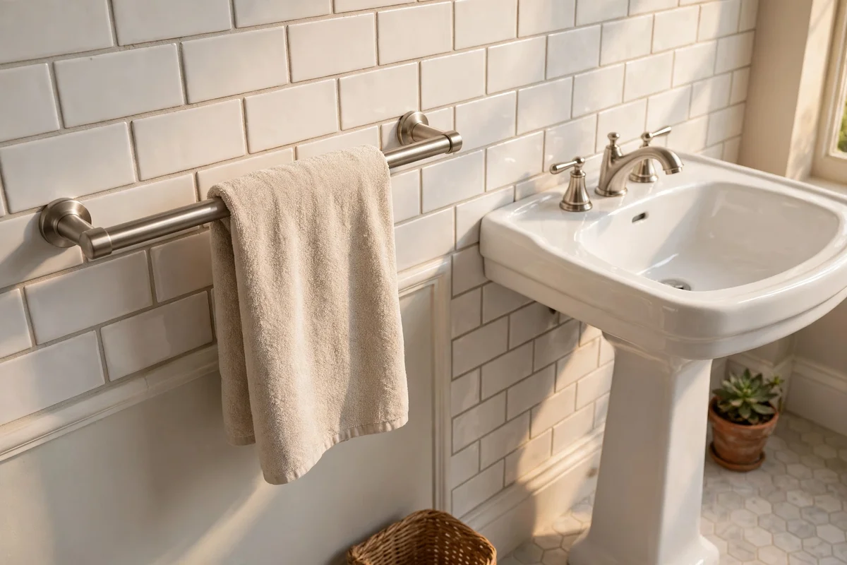 Small wall rail with a hand towel beside a pedestal sink
