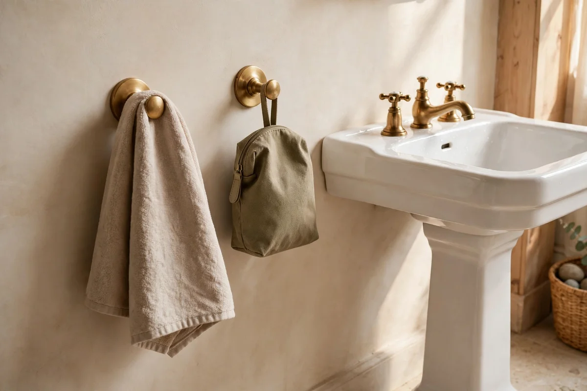 Two brass wall hooks with towel and wash bag beside a pedestal sink