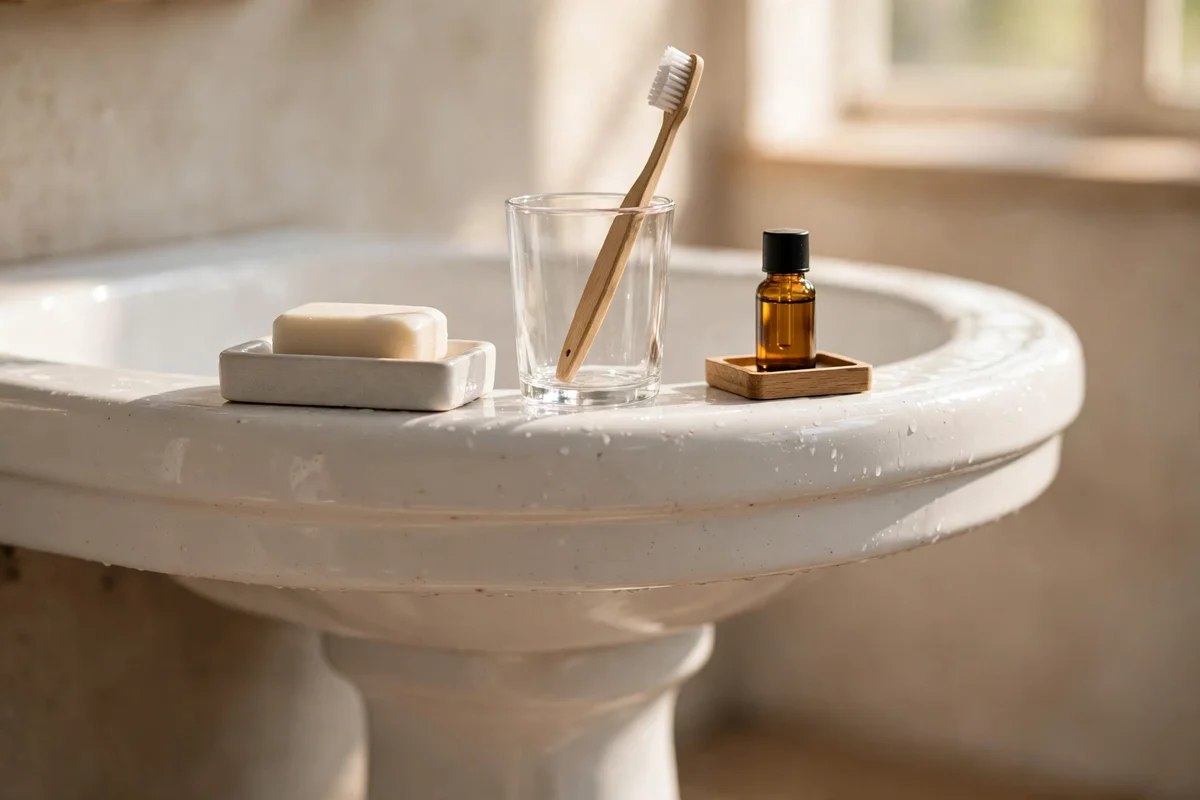 Only daily essentials arranged on a small tray at a basin edge