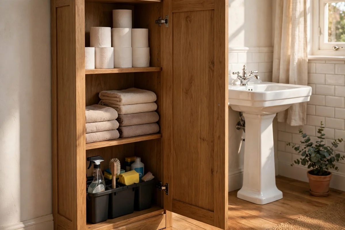 Tall cupboard storing backup toiletries and cleaning supplies