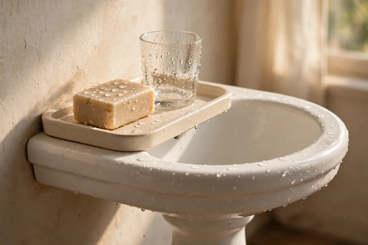 Ceramic tray with soap and tumbler on a pedestal basin edge