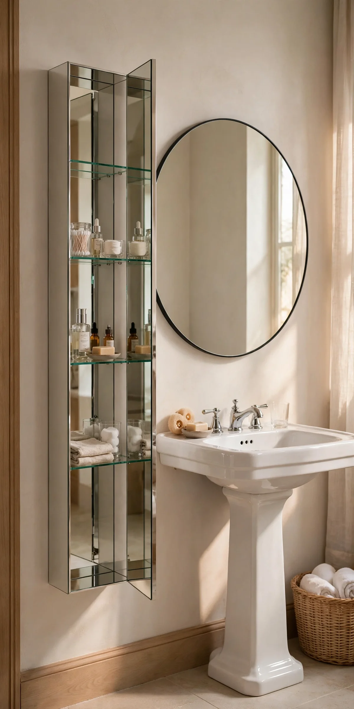 Tall narrow mirrored cabinet on the wall beside a bathroom mirror