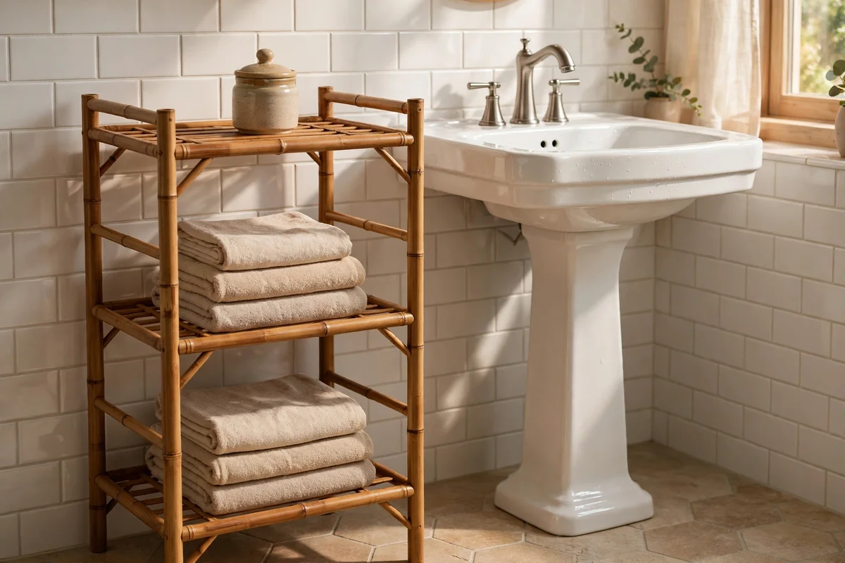 Tiered bamboo stand with towels and jars beside a pedestal sink