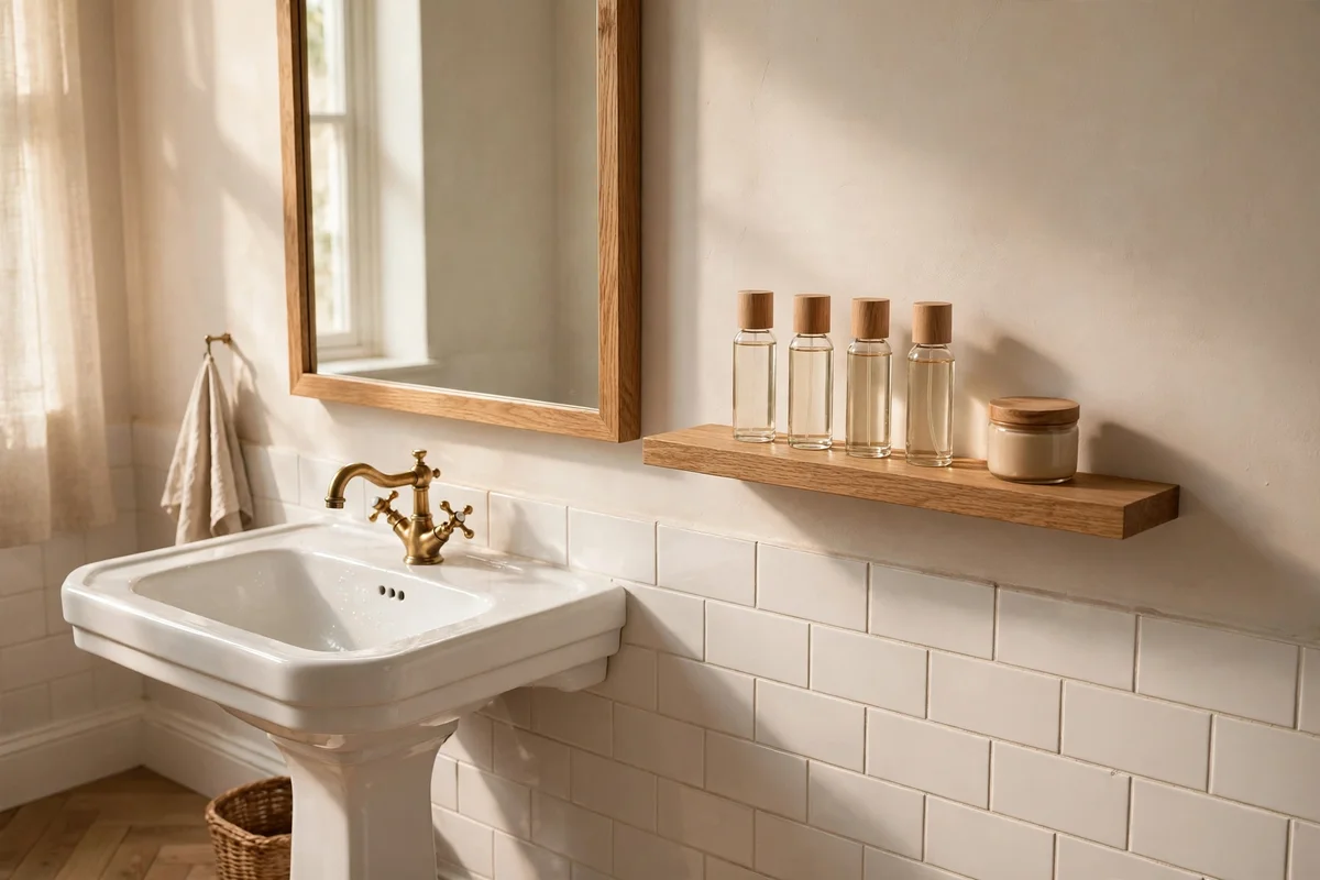 Oak floating shelf with bottles beside a mirror above a sink