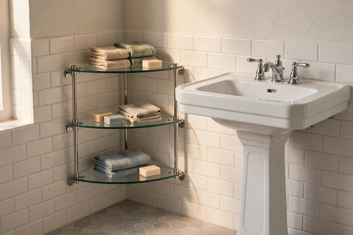 Glass corner shelf with toiletries beside a pedestal sink