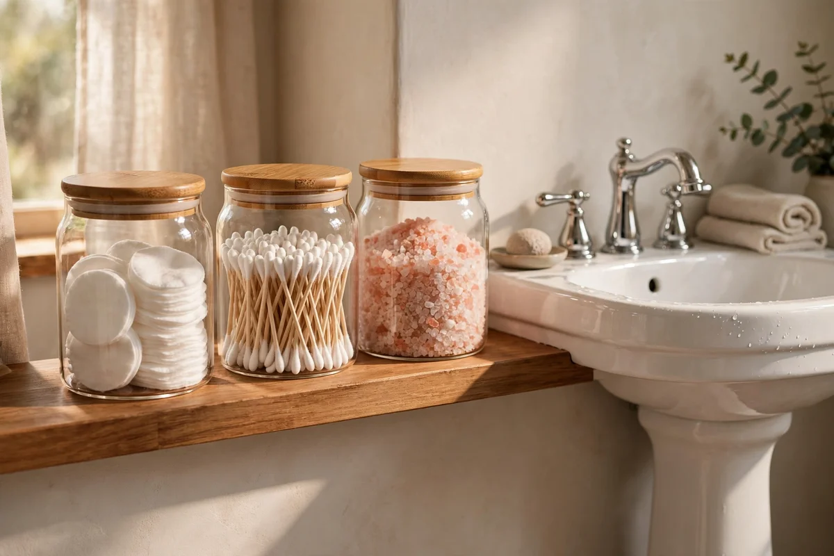 Lidded glass jars of cotton pads and swabs on a bathroom shelf