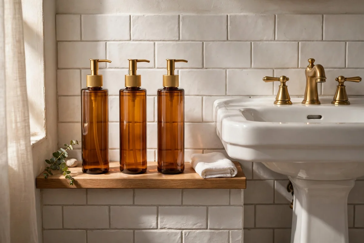 Slim matching refillable pump bottles on a bathroom shelf