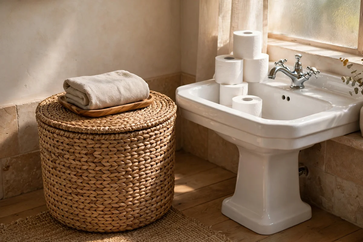 Lidded basket of spare toilet rolls beside a pedestal sink