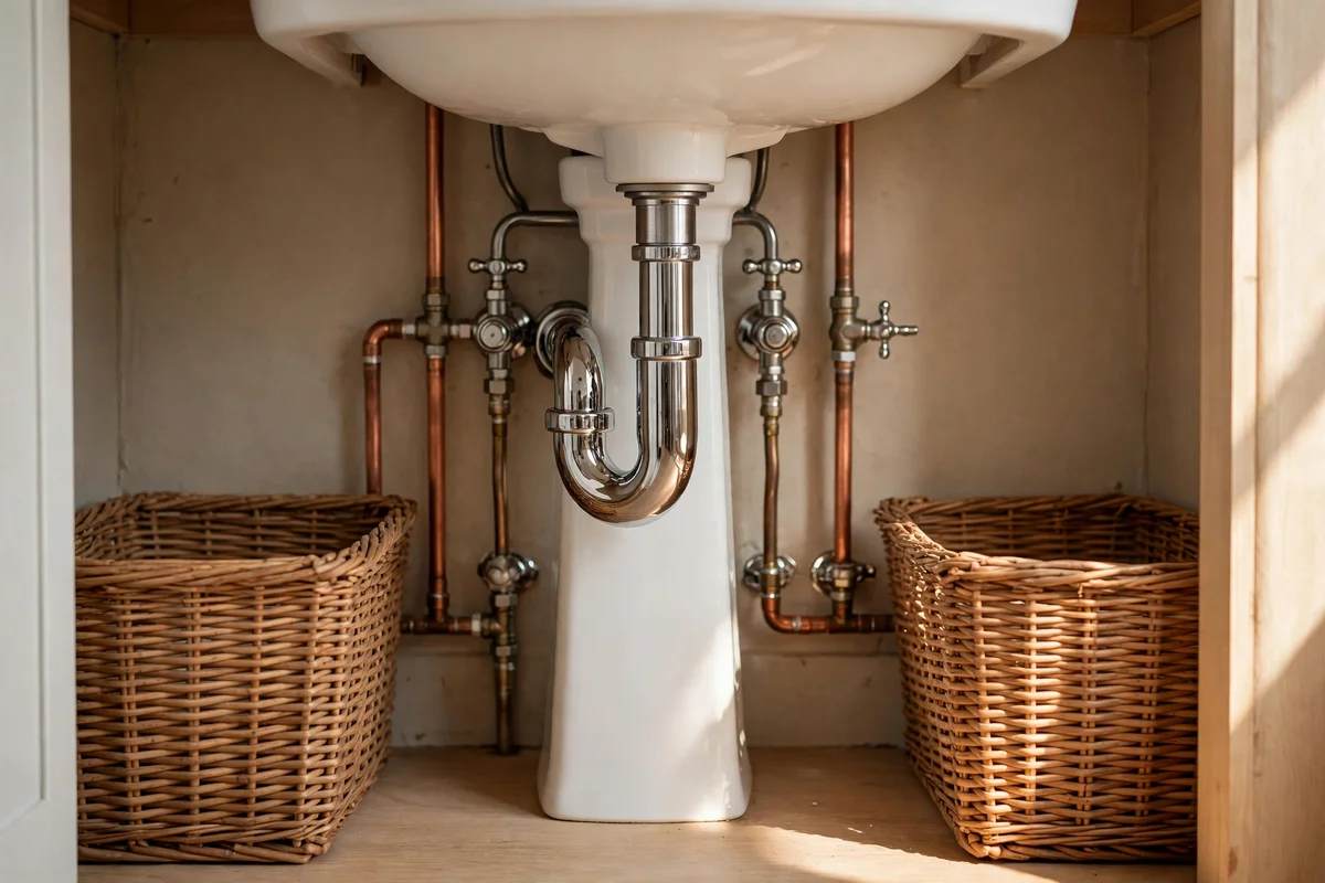 Clear access lane to pipes and shut-off valves under a pedestal sink