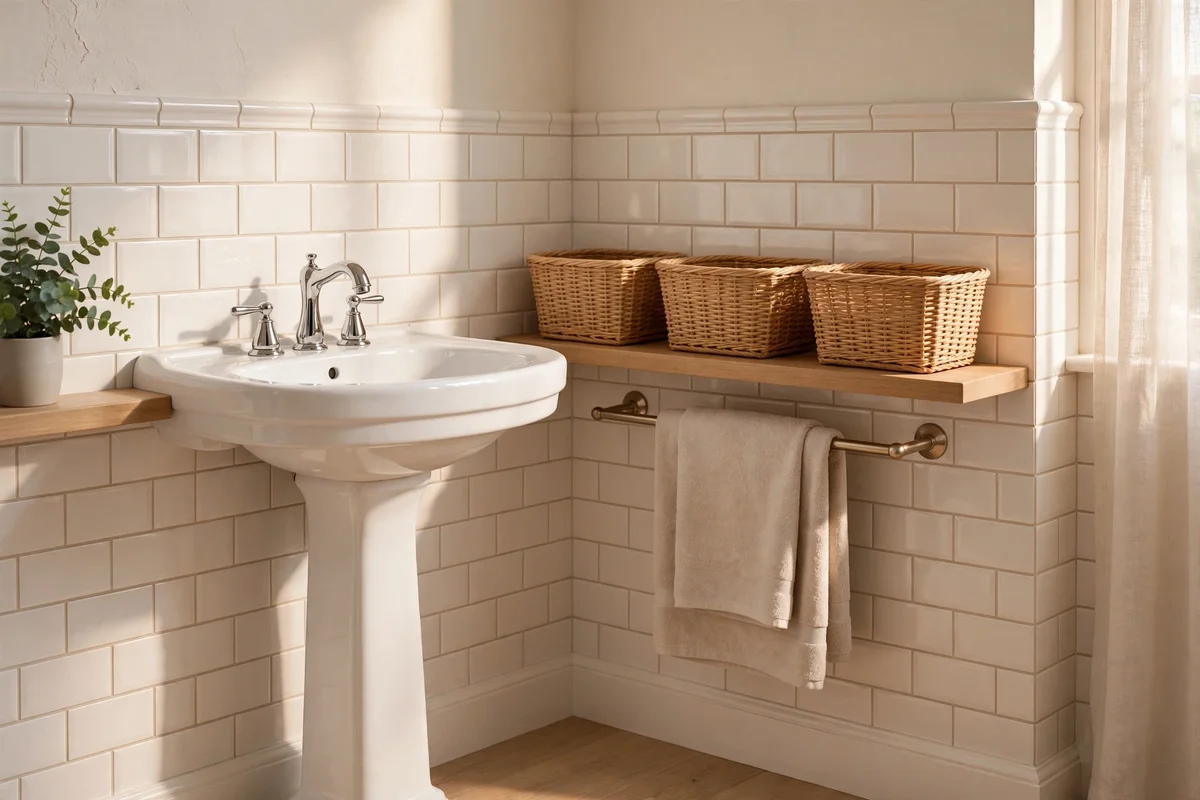 Tidy pedestal sink corner after a quick weekly cleaning reset